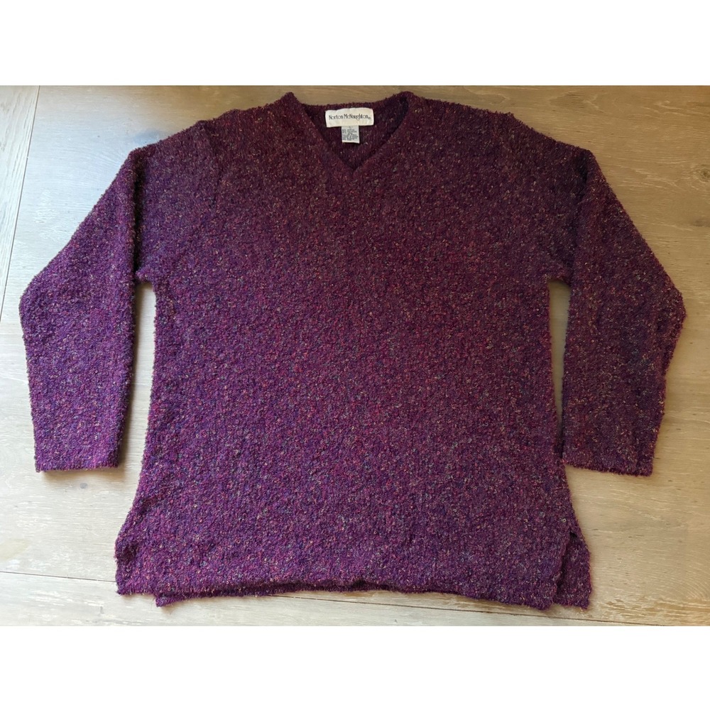 Norton McNaughton Purple Boucle V-Neck Sweater Wool Blend Large Multi Fleck